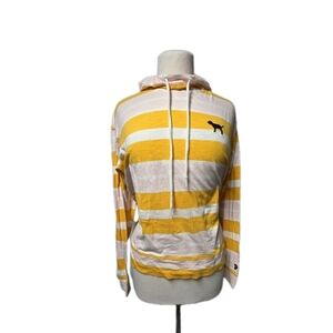 VS PINK CAMPUS YELLOW/PINK/WHITE STRIPE HOODIE TEE SIZE SMALL